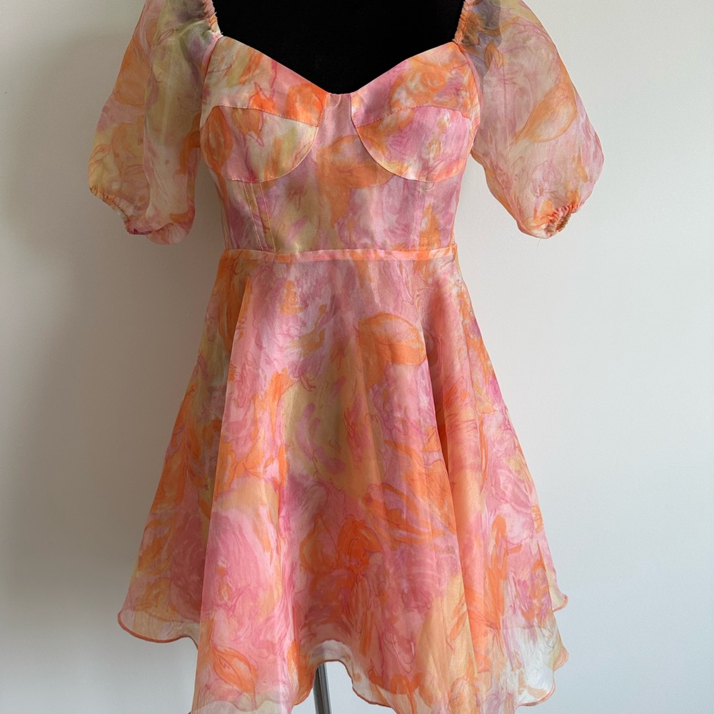 Lush Pink and Orange Swirl Puff Sleeve Mini Dress